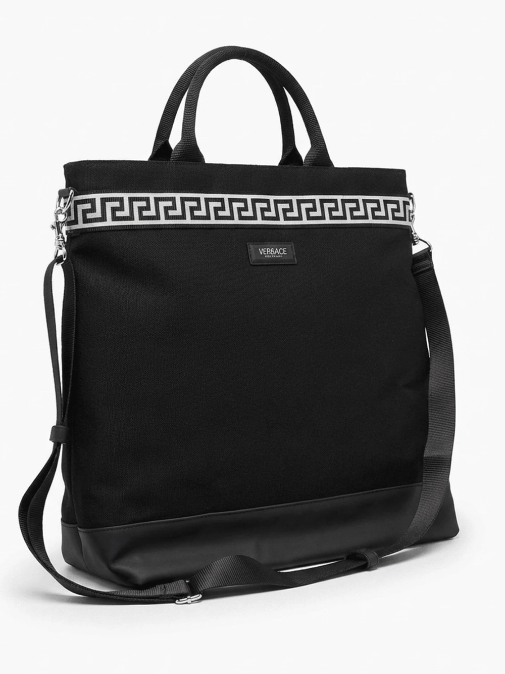 Versace Black Nylon Messenger Tote with Greca Trim
